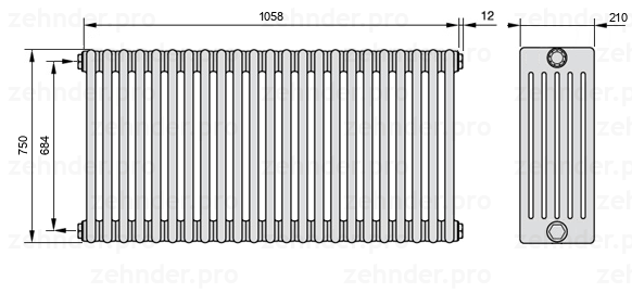 Схема (чертеж) Радиатор Zehnder Charleston 6075/23 №1270 Белый глянцевый RAL 9016